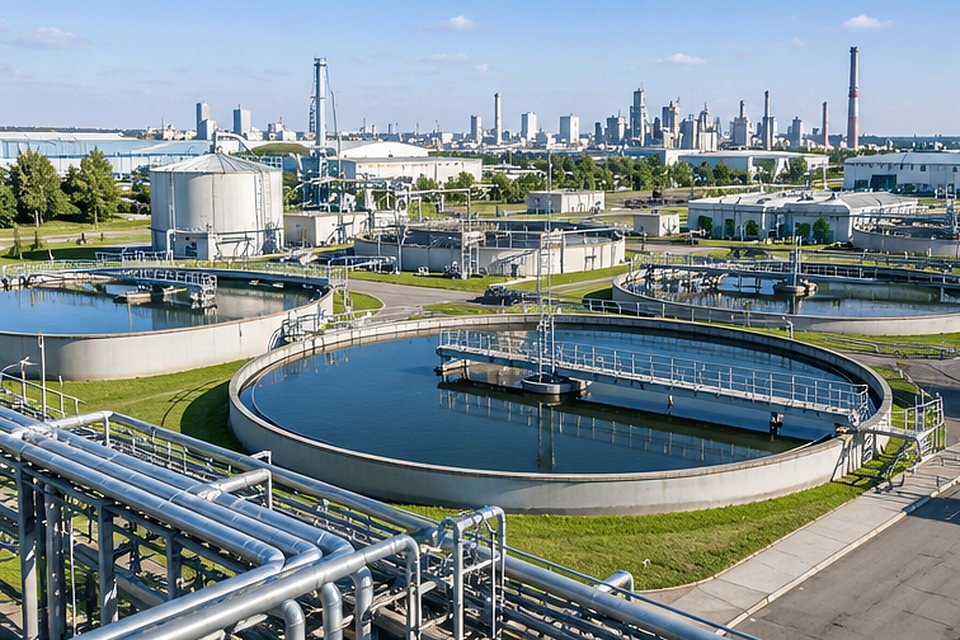Large common effluent treatment facility with tanks, clarifiers and pipe racks Large common effluent treatment facility with tanks, clarifiers and pipe racks