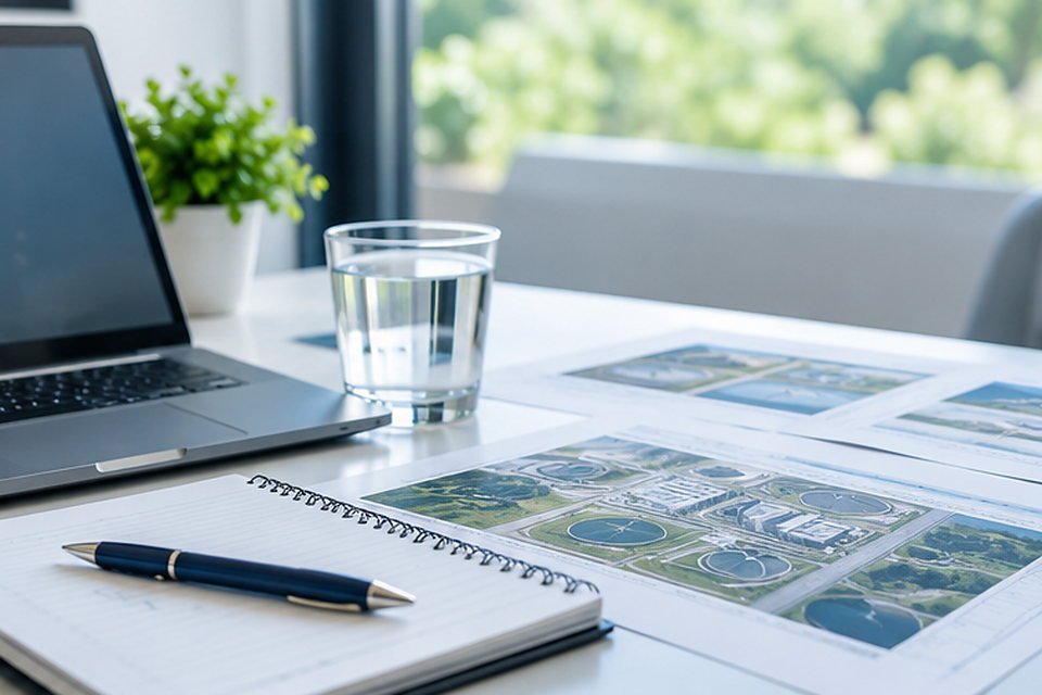Desk with water treatment plans, notebook, laptop and a glass of water