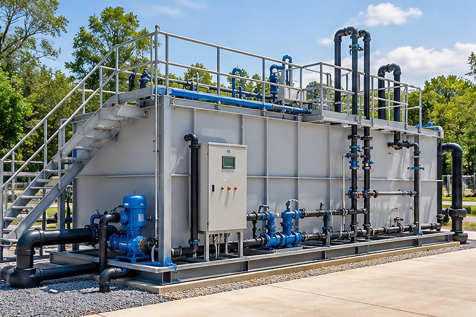 Compact packaged sewage treatment plant with pumps and control panel Compact packaged sewage treatment plant with pumps and control panel
