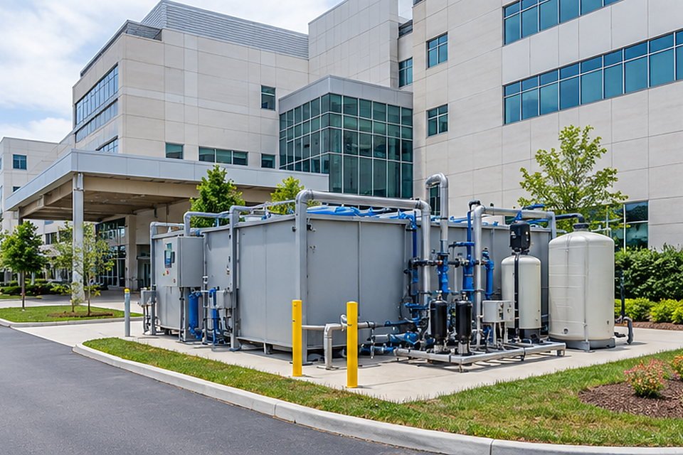 Compact sewage treatment unit installed beside a hospital building