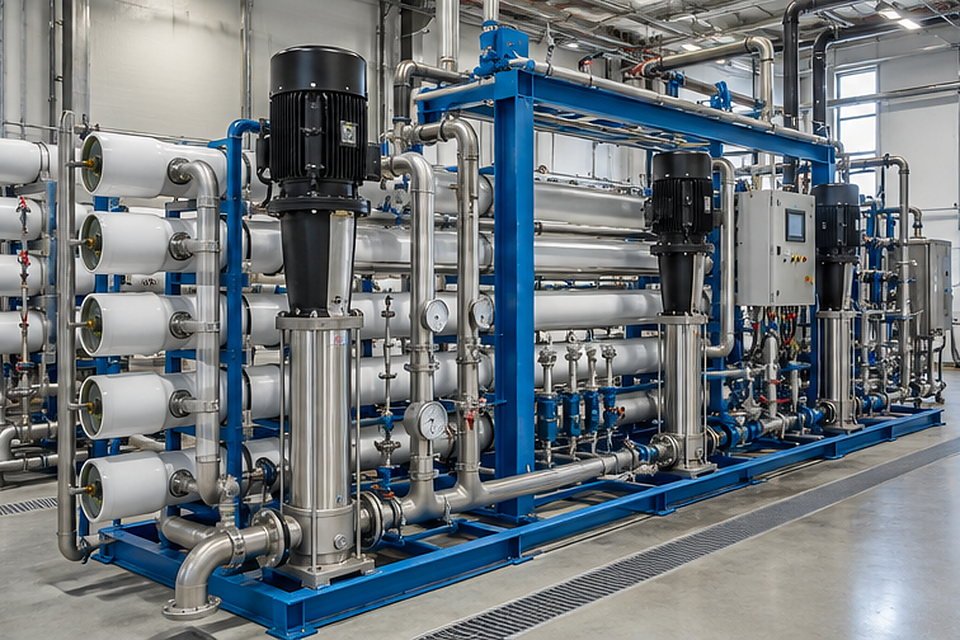 Industrial reverse-osmosis membrane system with high-pressure pumps Industrial reverse-osmosis membrane system with high-pressure pumps