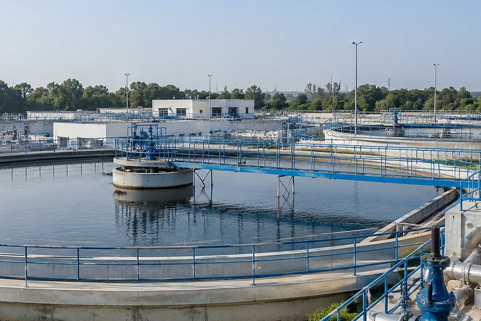 Modern wastewater treatment plant with clarifier tanks and process piping Modern wastewater treatment plant with clarifier tanks and process piping
