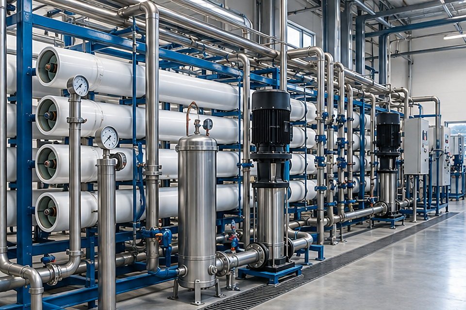 Industrial reverse-osmosis plant with membrane housings and pumps Industrial reverse-osmosis plant with membrane housings and pumps