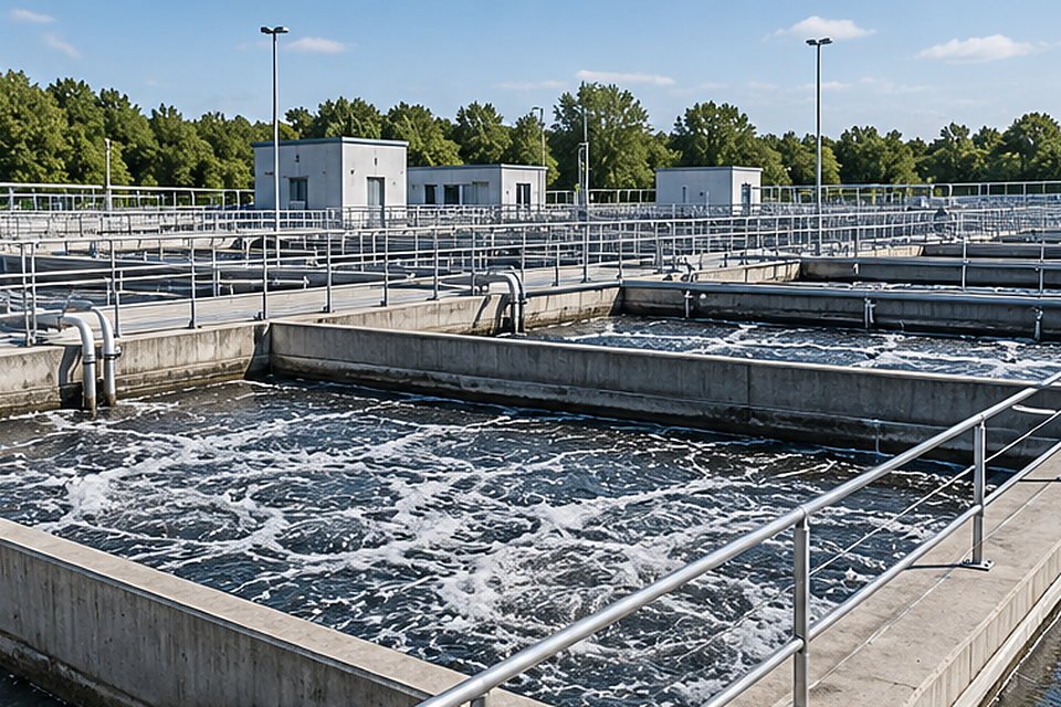 Sewage treatment plant aeration basins and service walkways Sewage treatment plant aeration basins and service walkways