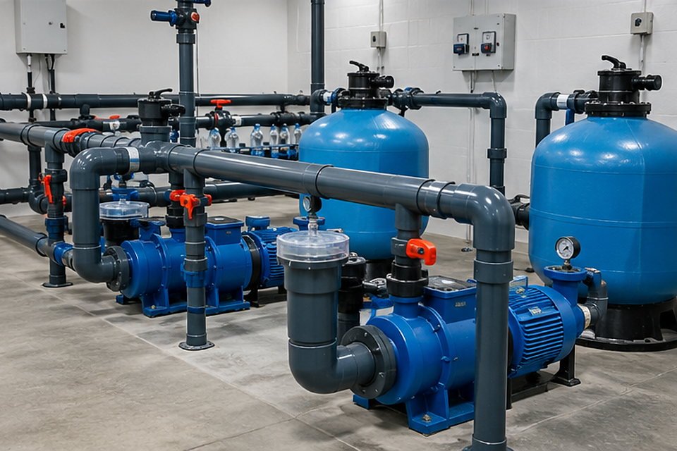 Swimming pool filtration room with pumps, filters and pipework Swimming pool filtration room with pumps, filters and pipework