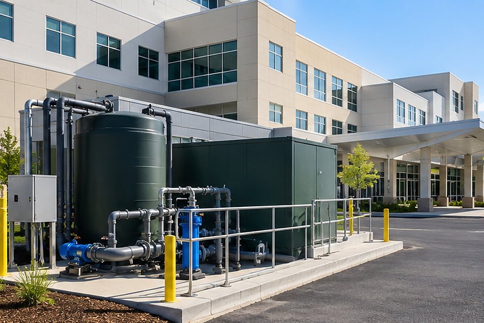 Compact effluent treatment unit installed beside a healthcare building Compact effluent treatment unit installed beside a healthcare building