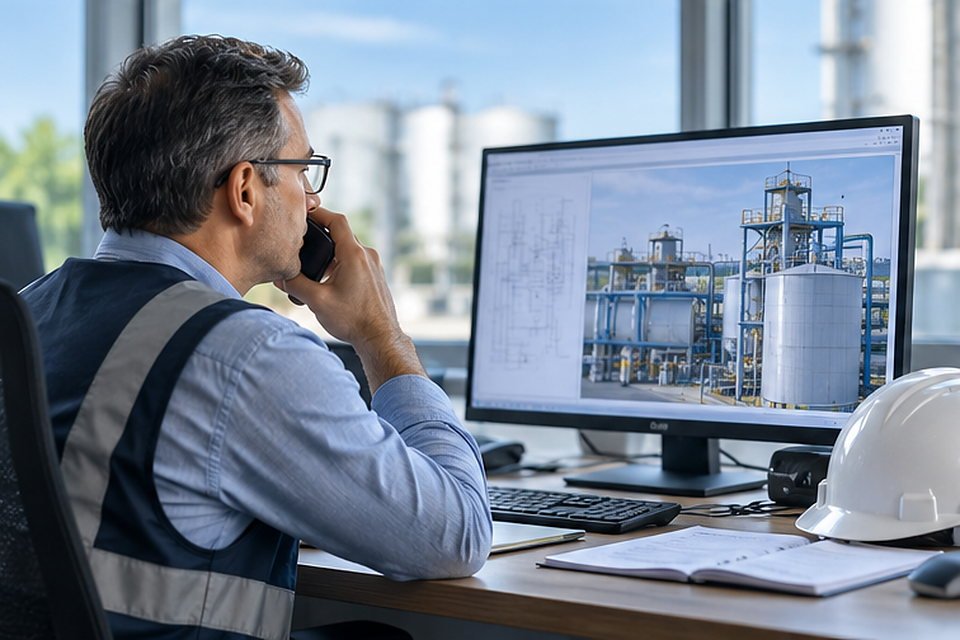 Water treatment engineer speaking by phone while reviewing plant plans
