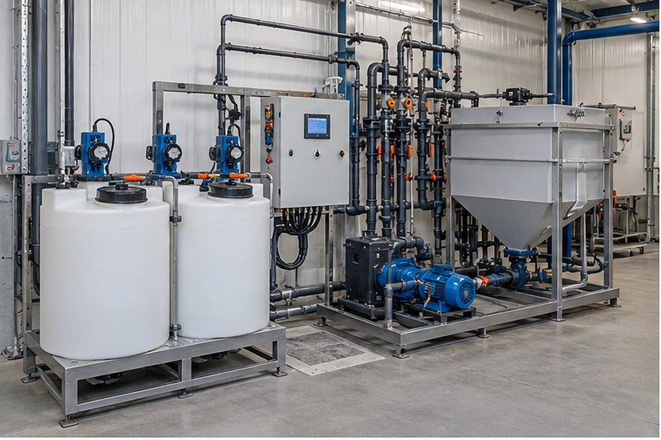 Effluent treatment dosing system with tanks, pumps and controls Effluent treatment dosing system with tanks, pumps and controls