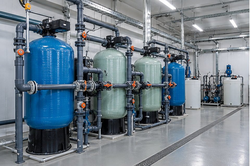 Water filtration plant with multiple pressure vessels and valves Water filtration plant with multiple pressure vessels and valves